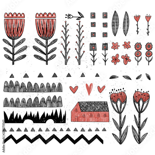 Collection of different folk art elements made in vector. Isolated drawings can be used in fabric design, decorative paper, wrapping, envelope,web design. Scandinavian style. Vector illustration.