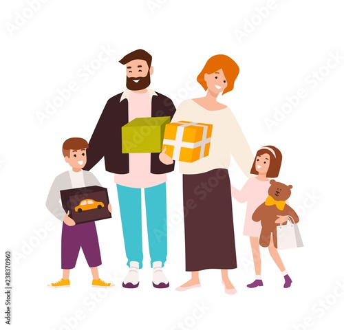 Happy family shopping. Cheerful mother, father, daughter and son holding toys...