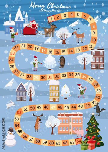 Board game Merry Christmas and Happy New Year. Santa Claus in a sleigh on the Magic Deer rides through the winter country to the Christmas tree. Forest animals, snowman, helpers Elves, vector