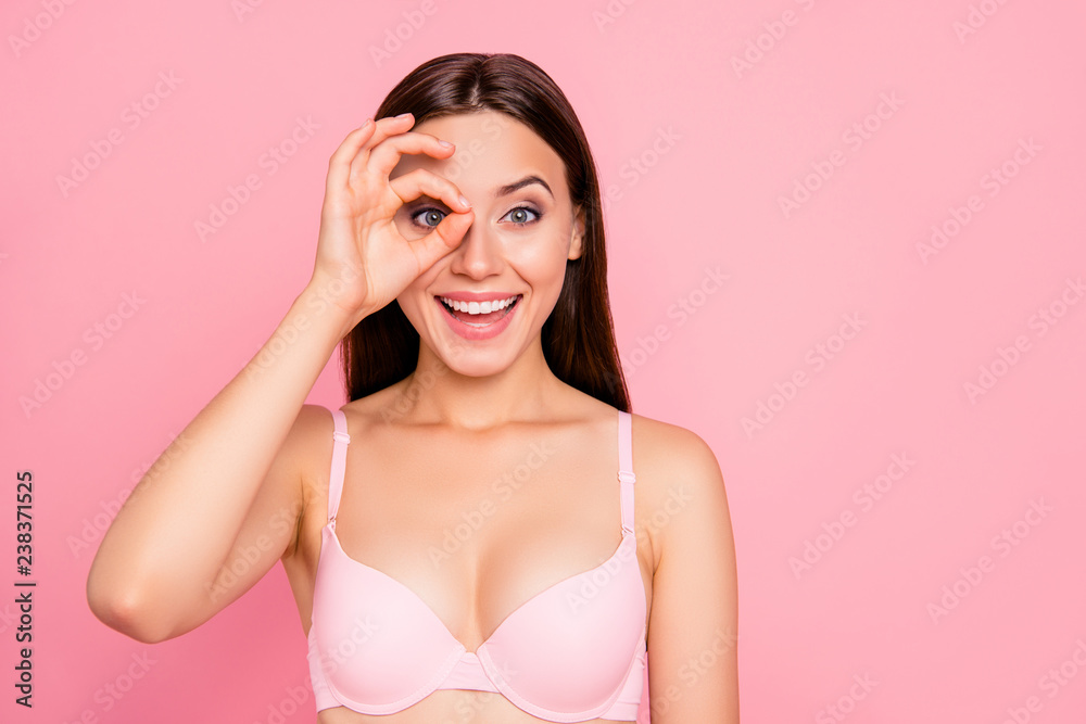 Close up portrait of brown crazy cute tender gentle gorgeous attractive looking for sale with fingers hand in ok symbol her she girl wearing pale pink underwear isolated on rose background Close up portrait of brown crazy cute tender gentle gorgeous attractive looking for sale with fingers hand in ok symbol her she girl wearing pale pink underwear isolated on rose background