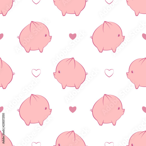 Cute piggy and hearts seamless pattern on white background