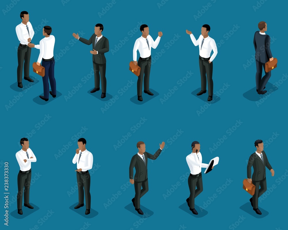 Isometrics set of male African American office workers, in business clothes, management, training, coaching.3D people for Vector illustrations Isometrics set of male African American office workers, in business clothes, management, training, coaching.3D people for Vector illustrations