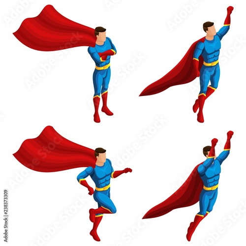 Isometrics A set of superhero men in a suit, runs, jumps, rushes to the rescue, 3D super man, heroes, rescuers. Vector illustration