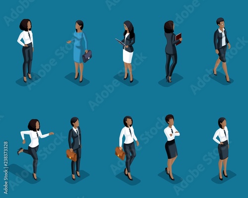 Isometrics set of women of African American office workers, in business clothes, management, training, coaching.3D people for Vector illustrations