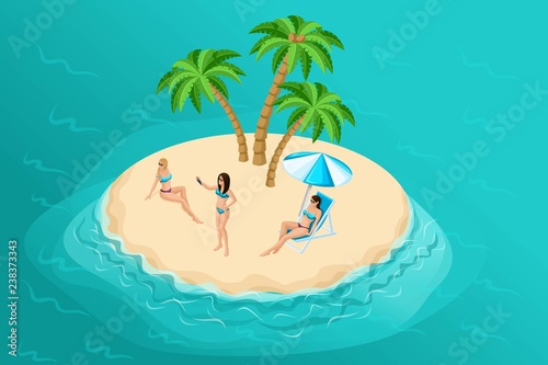 Isometric summer illustration with a paradise island for a travel company, advertising a holiday with 3D sun-tanned girls in bright swimsuits and making selfies