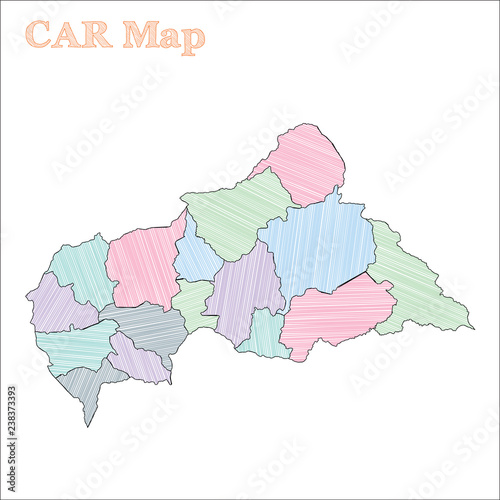 CAR hand-drawn map. Colourful sketchy country outline. Creative CAR map with provinces. Vector illustration.