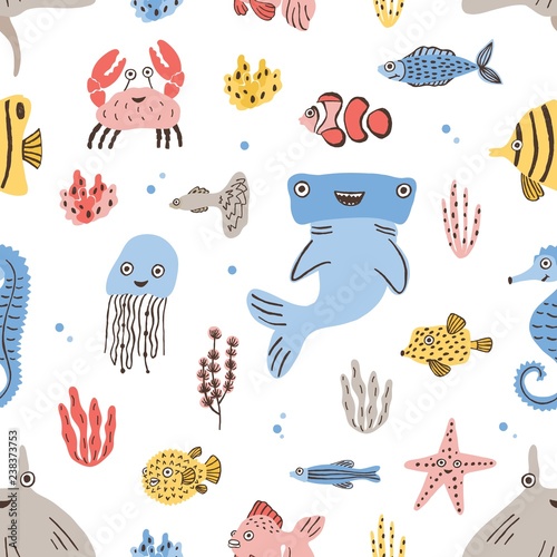 Childish seamless pattern with funny sea and ocean dwellers or marine animals on white background. Colorful vector illustration in flat cartoon style for textile print, wrapping paper, wallpaper.