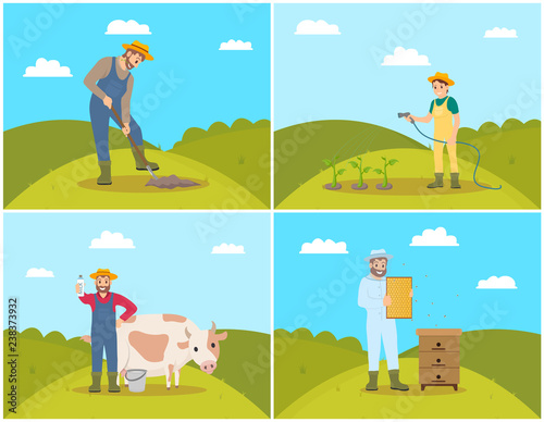 Farmer Digging Soil of Field Vector Illustration