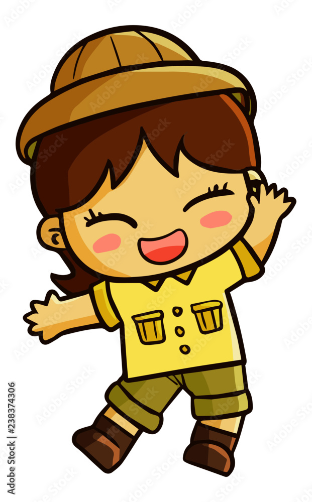 Cute and funny female adventurer wearing safari cloth smiling - vector. Cute and funny female adventurer wearing safari cloth smiling - vector.