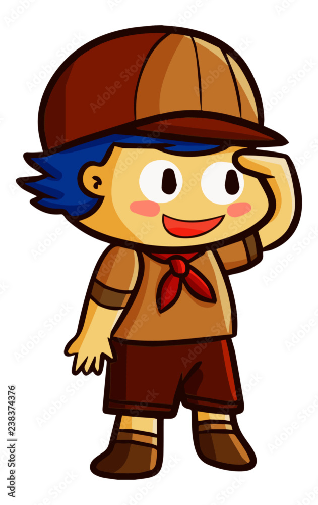 Funny and cute boy scout looking for something and smiling - vector.