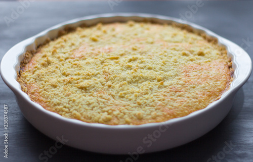 freshly baked cottage cheese cake on dark background