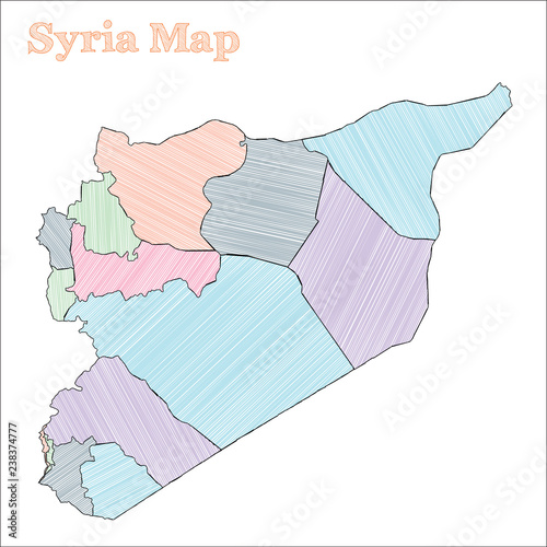 Syria hand-drawn map. Colourful sketchy country outline. Cute Syria map with provinces. Vector illustration.