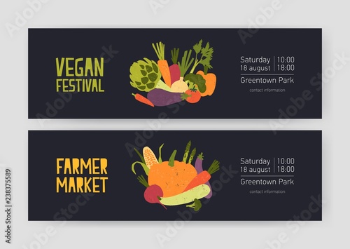 Bundle of web banner templates with harvested crops and gathered vegetables and place for text on black background. Vector illustration for vegan festival and farmers market advertisement, promo.