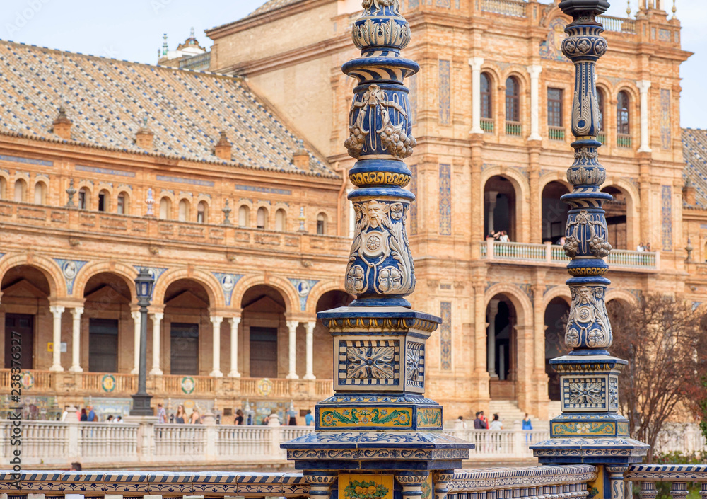 Fragments of tile columns and walls of the famous Plaza de Espana, example of architecture of Andalusia, Sevilla