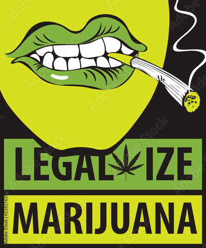 Vector banner with words Legalize marijuana with a human mouth with a joint or a cigarette in his mouth. Smoking weed. Drug consumption