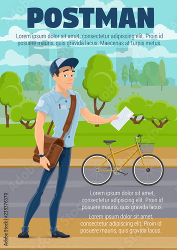 Postman with mail, letter and bike, postal service