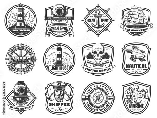 Sea anchor, sailing ship and helm. Nautical badges
