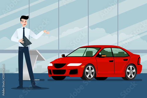 A happy businessman, salesman is standing and present  his luxury car that parked in the show room.Vector illustration design.