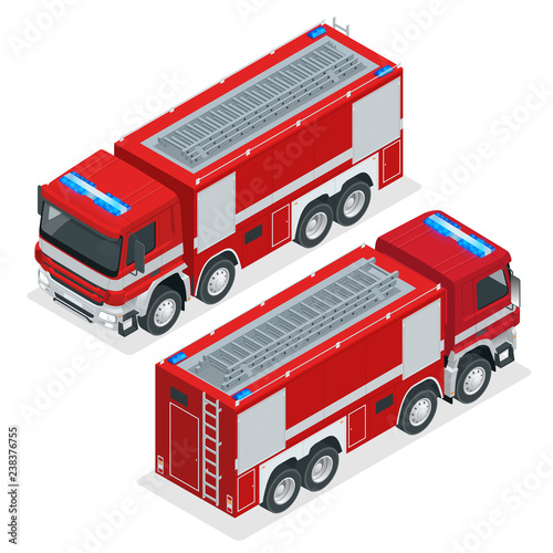Isometric Red fire truck, vehicle of Emergency. Firefighters design element. Vector Illustration on a white background.