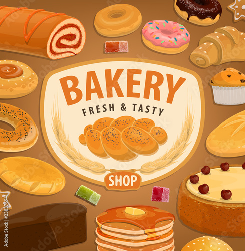 Bread, cake and croissant. Bakery and pastry