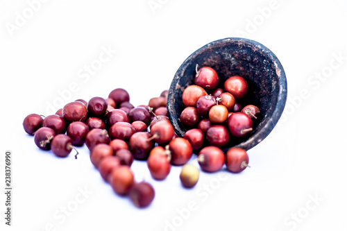 Close up of red colored popular Indian and Asian berries or bors or bers isolate d on white i.e. Chaniya bor or chani bor or Indian jujubes in a clay bowl.