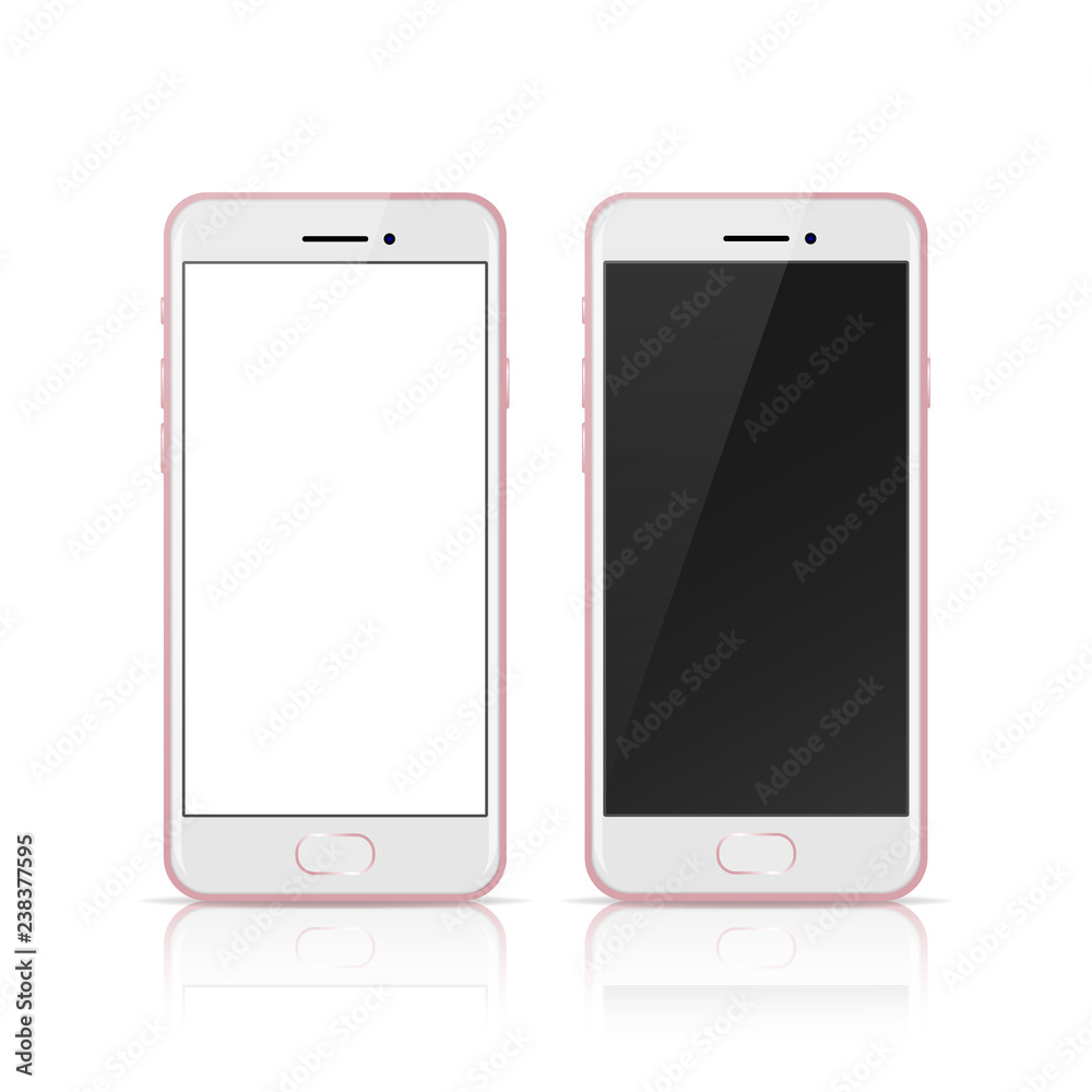 Pink rose color mobile phone with blank and dark screen, realistic vector design in high quality. Pink rose color mobile phone with blank and dark screen, realistic vector design in high quality.