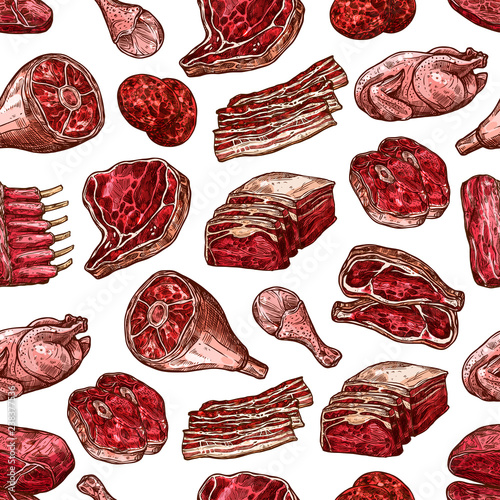 Meat, beef, pork and chicken cuts seamless pattern