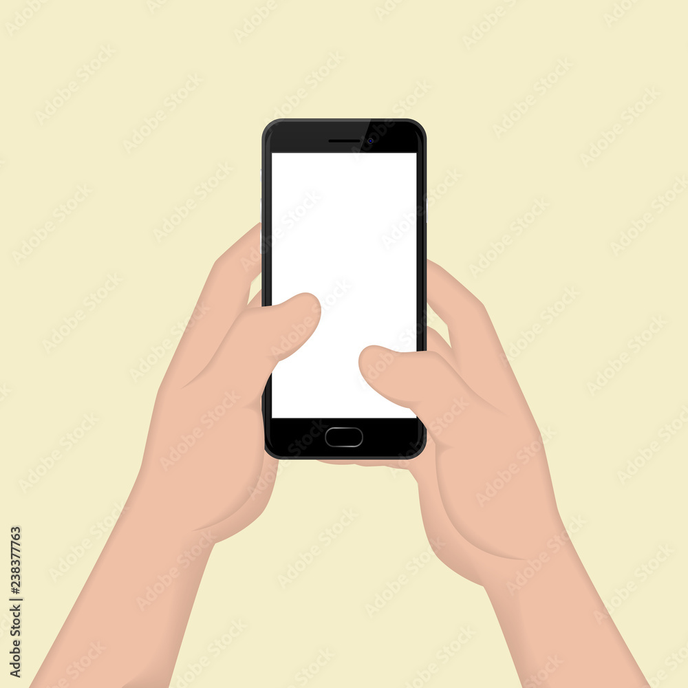 Two hands holding a black smartphone with blank screen on yellow background. Vector illustration Two hands holding a black smartphone with blank screen on yellow background. Vector illustration