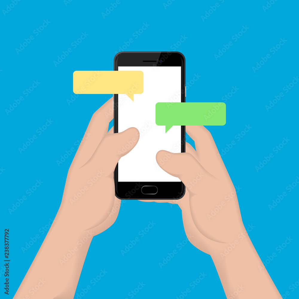 Two hands holding a black smartphone and tapping to send message on blank screen. Vector illustration. Two hands holding a black smartphone and tapping to send message on blank screen. Vector illustration.