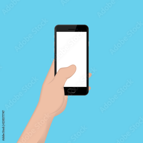 One hand holding a black smart phone with blank screen. Vector illustration