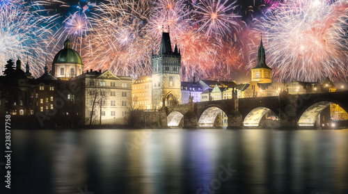 Beautiful fireworks above Charles bridgeat at night, Prague, Czech Republic