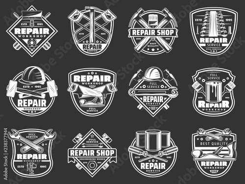 Work tools badges. Construction and repair service photo