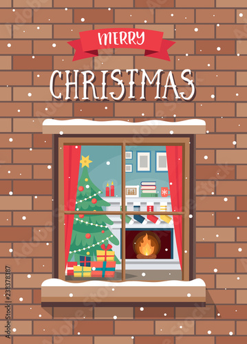 Christmas greeting card with window and cozy room, christmas tree and fireplace.