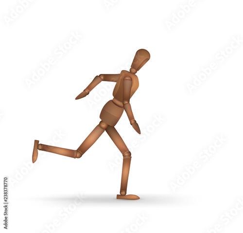 realistic wooden marionette running isolated on the white background,