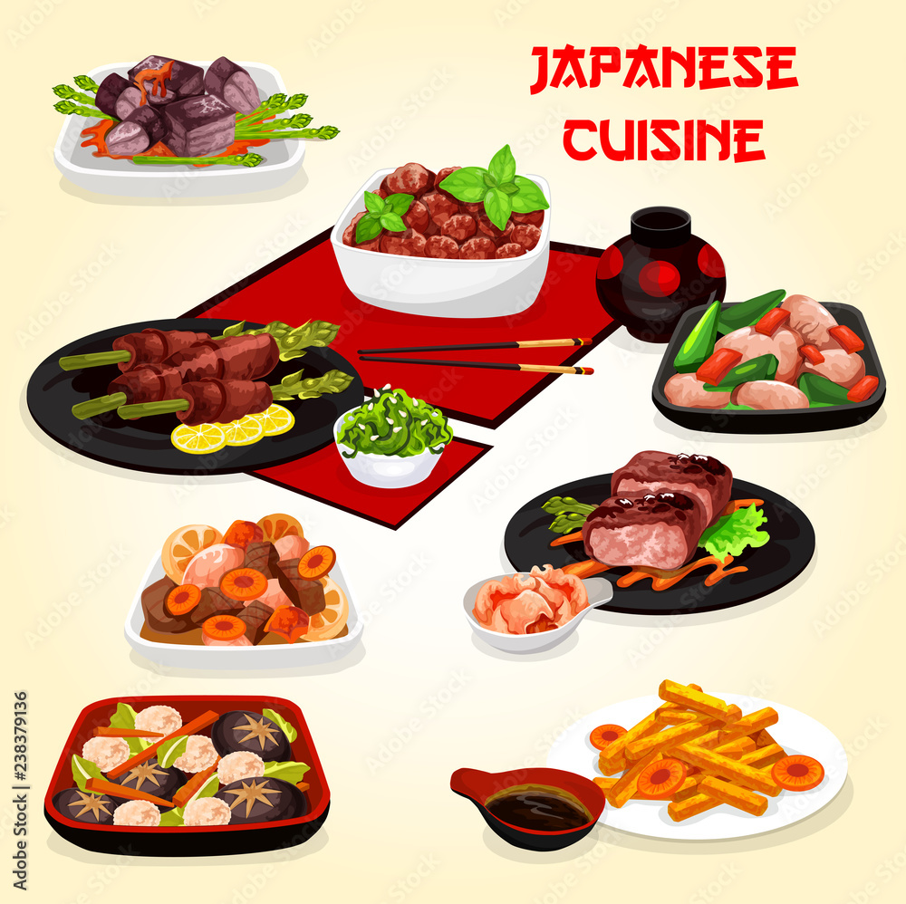 Japanese cuisine dishes with meat, veggies, fish Japanese cuisine dishes with meat, veggies, fish