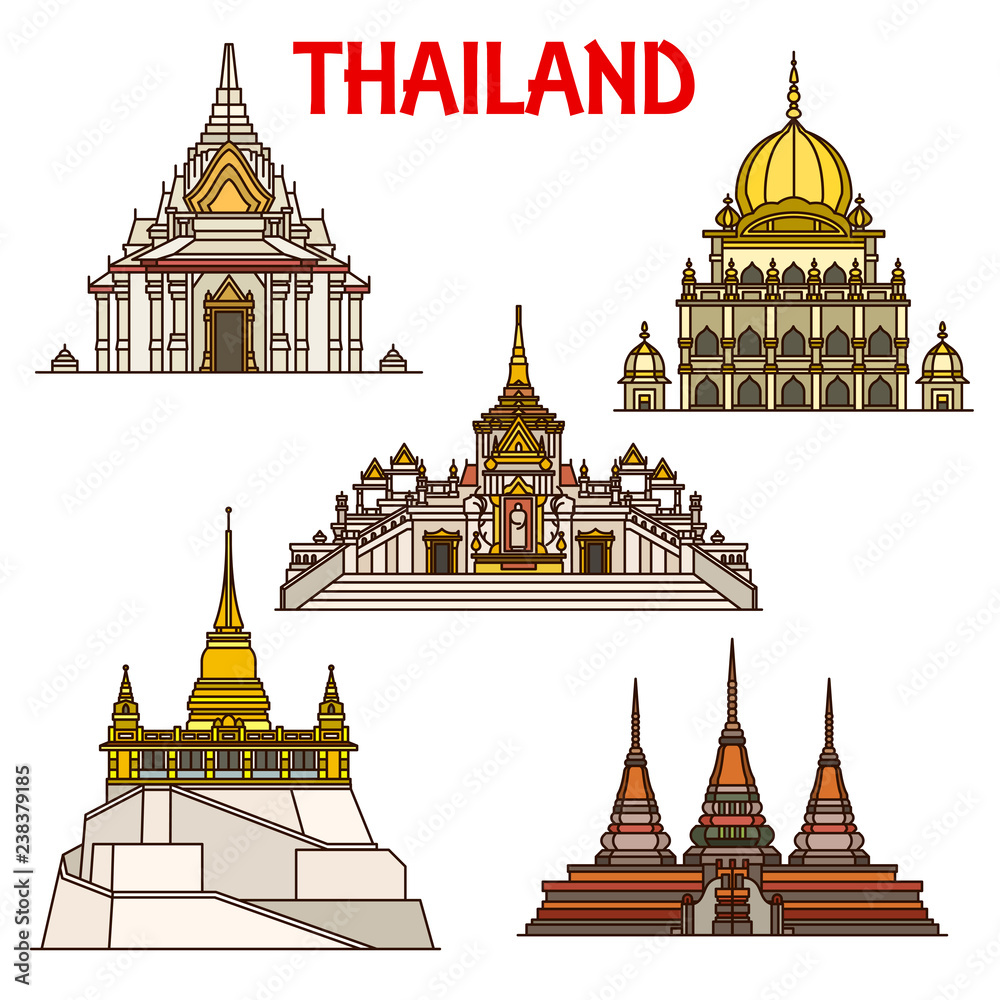 Naklejka premium Ikony zabytków podróży Bangkok. Świątynie Tajlandii