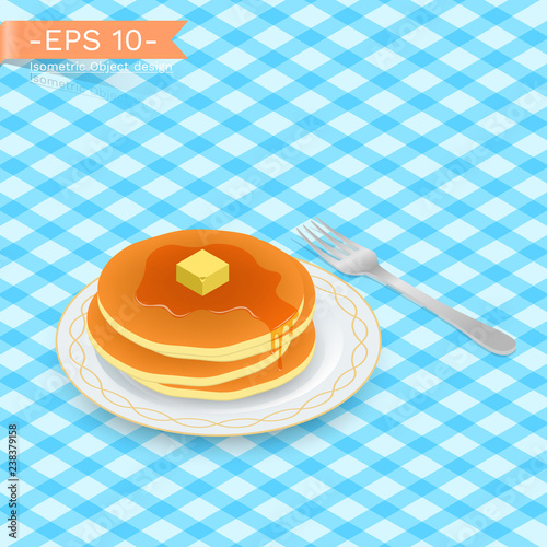 Delicious stack of hot pancakes with sweet honey, maple syrup. on a plate with fork.