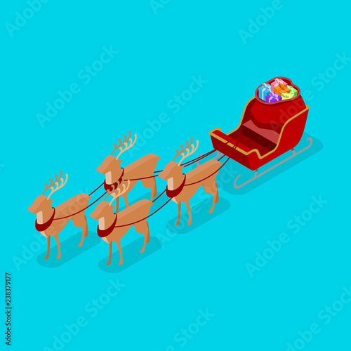 Red Christmas sleigh with four deer and the big gift bag, isometric vector style.