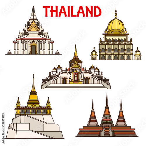 Bangkok travel landmarks icons. Thailand temples