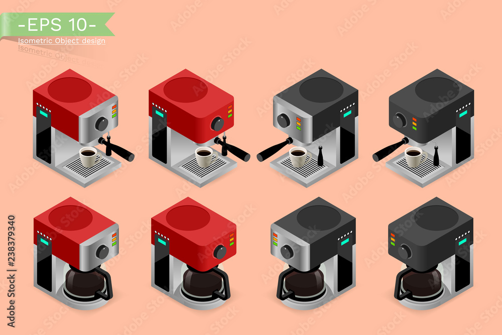 Isometric 3d automatic coffee maker machine with hot cup. Isolated vector illustration design.