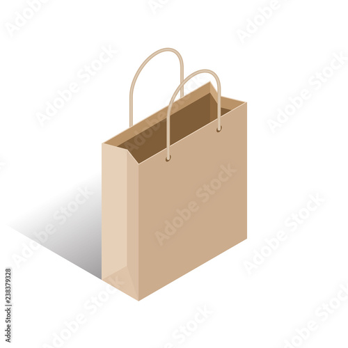 Isometric empty brown paper shopping bag isolated on white background, Vector illustration flat design.