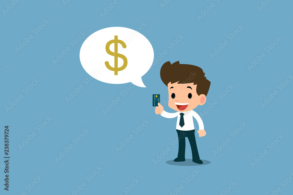 Happy businessman showing his platinum credit card, financial vector art design concept. Happy businessman showing his platinum credit card, financial vector art design concept.