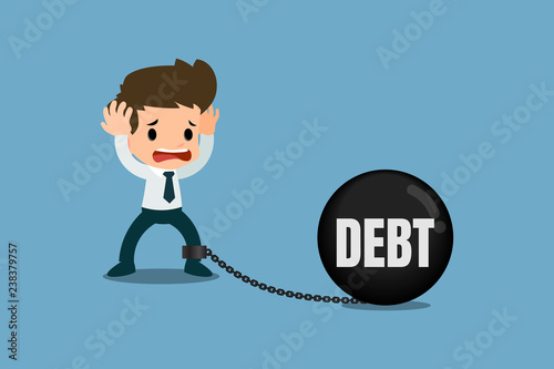 Stressed businessmen concern about debt. It's look like he chained with the debt metal ball and feel no way to escape or solution. Vector illustration design.