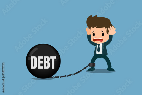 Stressed businessmen concern about debt. It's look like he chained with the debt metal ball and feel no way to escape or solution. Vector illustration design.
