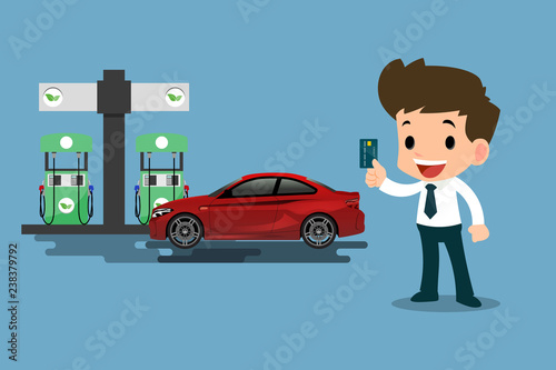 Happy businessmen use his credit card and refuel his car at a clean and eco-gas station.Vector illustration design.