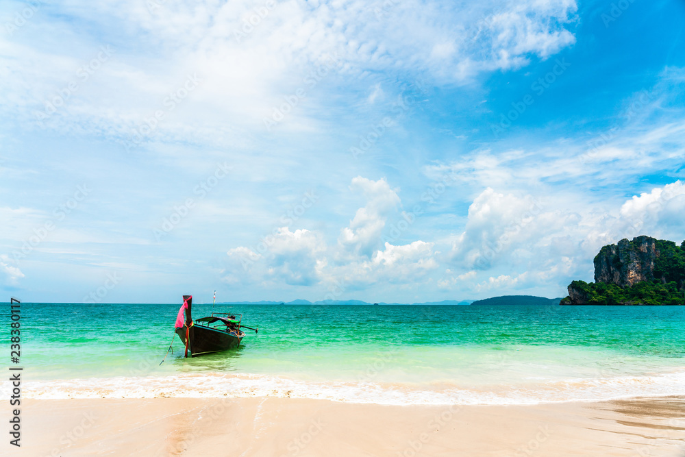 Take a longtail boat Sunshine at Sand and Sea Asia Beach Krabi Thailand Destinations  Beautiful Tropical Ocean Summer view