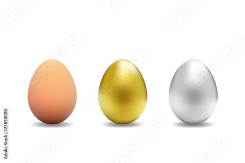 Realistic animal or chicken egg, silver and gold isolated with shadows on white background.