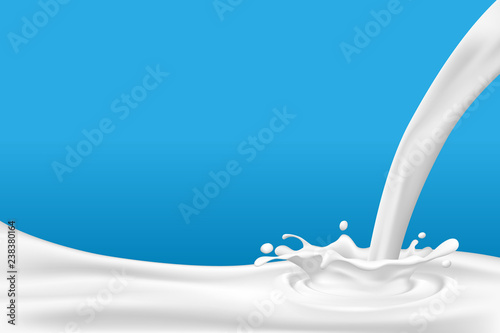 Realistic white milk pouring down and splash on blue background. Vector illustration design.