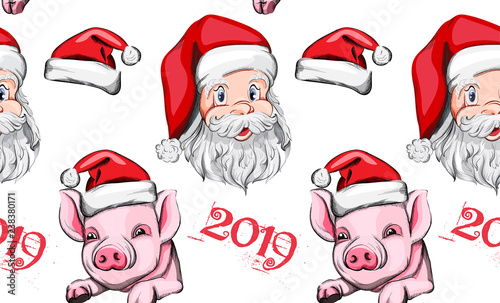 Pig year pattern Vector background. Santa Claus and cute pink pigs 2019 decor