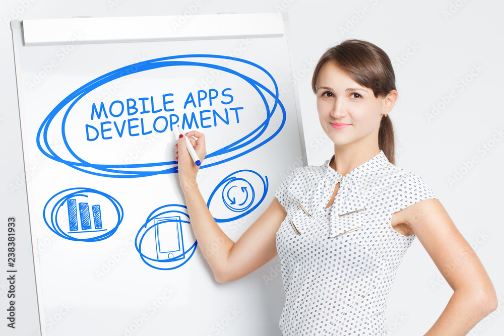 Business, Technology, Internet and network concept. A young entrepreneur writes on the blackboard the word: Mobile apps development Business, Technology, Internet and network concept. A young entrepreneur writes on the blackboard the word: Mobile apps development